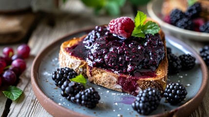 Wall Mural - A slice of warm buttered toast is topped with a dollop of deep purple foraged berry jam a perfect and comforting snack.