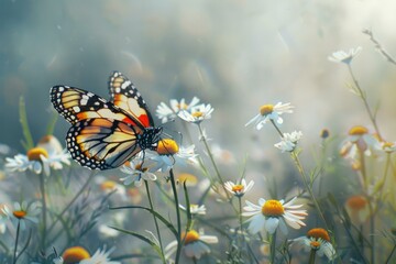 Wall Mural - Monarch butterfly with open wings extracting nectar from a white daisy flower on a sunny day