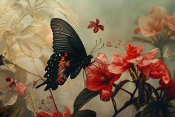 Wall Mural - Black butterfly with red spots feeding on pink flowers in a vintage style image