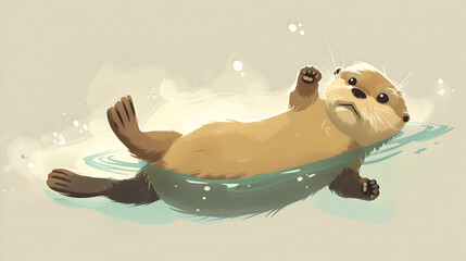 Wall Mural - Cute Cartoon Illustration of a Little Otter Swimming