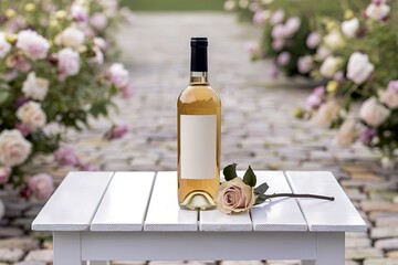 A serene and elegant scene featuring a single glass bottle of wine