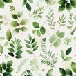 © Naphatson - Seamless watercolor pattern of green leaves and branches on a white background.