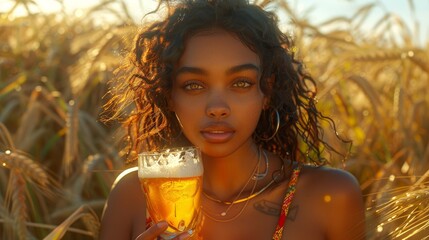 Wall Mural - woman with beer in the field