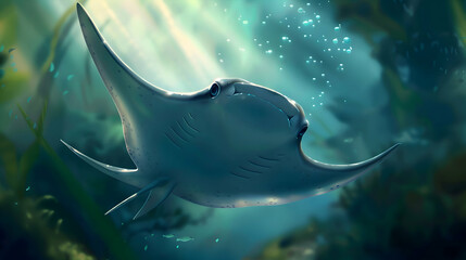 Wall Mural - Ocean Illustration of a Manta Ray Swimming