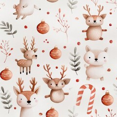 Cute watercolor reindeer pattern with candy canes, leaves, and berries on a white background