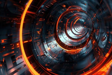 Wall Mural - Abstract 3D rendering of futuristic tunnel with glowing neon lights, creating a sense of depth and movement. Perfect for technology, gaming, or sci-fi backgrounds.