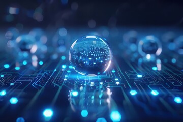 Poster - A futuristic digital landscape with glowing blue circuit board and reflective spheres symbolizing technology and innovation.