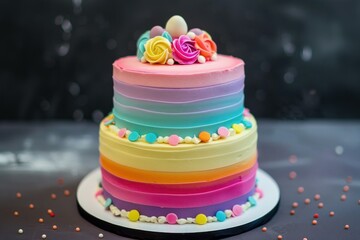 Two tiered cake decorated with colorful frosting and sprinkles for birthday party