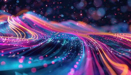 Poster - Vibrant abstract digital art with flowing neon lines and dynamic particles on a dark background, creating a futuristic and energetic visual effect.
