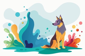 Wall Mural - serene and peaceful scene featuring dog sitting on white background, with splash of colorful water in the background., background, water, dog, white