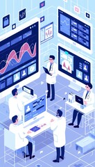 Poster - Team of scientists analyzing data on large screens in a futuristic lab. High-tech research environment with charts and graphs.