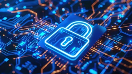 Aufkleber - Secure digital concept. Neon lock icon on intricate circuit board background, representing cybersecurity, data protection, and information security.