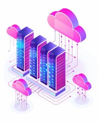 Poster - Isometric illustration of cloud computing data servers connected to cloud storage, representing information technology and data management.