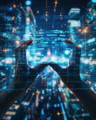 Poster - Hands holding a glowing digital globe amidst a backdrop of futuristic technology, representing connectivity and advanced global communication.