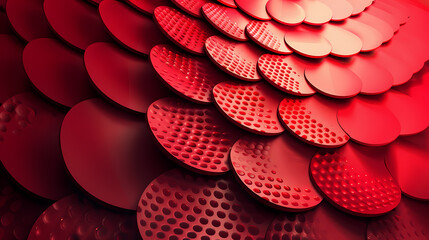 Close-up abstract red pattern of circular disks creating a 3D textured surface.