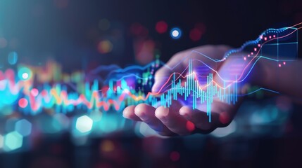 Aufkleber - Hand holding futuristic holographic financial data chart with colorful light effects, representing advanced digital technology and market trends.