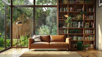 Wall Mural - Modern Living Room Interior With Leather Sofa, Bookshelf, Floor Lamp And Garden View Through The Window 