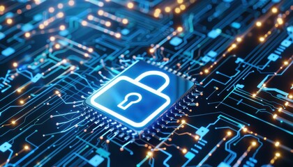 Leinwandbilder - Glowing lock icon on a digital circuit board, symbolizing cybersecurity, data protection, and secure technology systems.