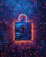 Poster - Glowing padlock on a digital circuit board background, symbolizing cybersecurity, data protection, and encrypted information technology.