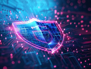 Leinwandbilder - Futuristic digital security shield, glowing in neon blue and pink hues, representing advanced cybersecurity technology.