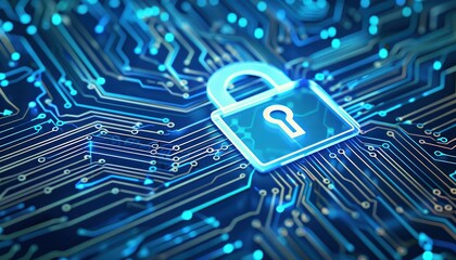 Poster - Futuristic digital padlock graphic symbolizing cyber security and data protection on a complex blue circuit board background.