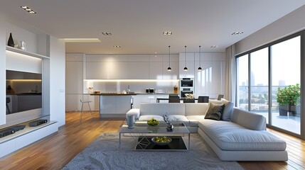 Wall Mural - Open plan living room with white kitchen