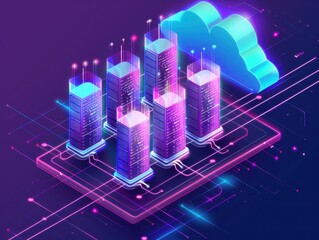 Poster - Futuristic digital data center concept with glowing neon servers connected to a cloud, depicting advanced technology and cloud computing.