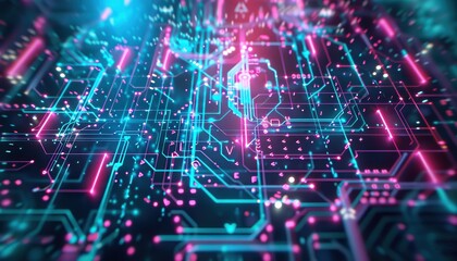 Poster - Futuristic digital circuit board with neon lights. High-tech information flow and cyberpunk vibe. Representing technology innovation.