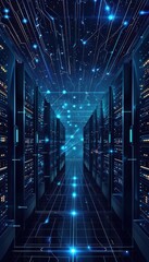 Poster - Futuristic data center with glowing lights and advanced servers, showcasing digital connections and infrastructure in a technology environment.