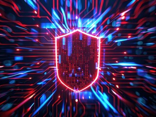 Poster - Futuristic cybersecurity shield with glowing red and blue digital circuits, representing advanced technology and data protection.