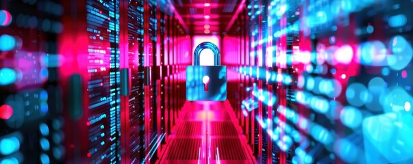 Poster - Futuristic data center corridor with glowing server racks, representing advanced technology and digital information storage.