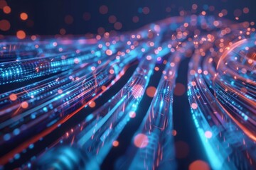 Aufkleber - Futuristic abstract background featuring glowing fiber optic strands and digital light bokeh in a dynamic and vibrant blue and orange color scheme.