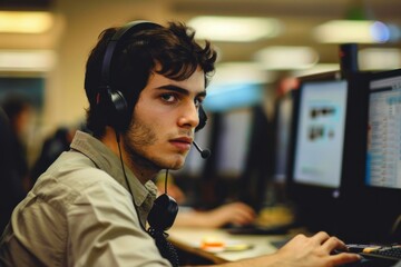 Poster - Telemarketer wearing headset working on computer in busy call center