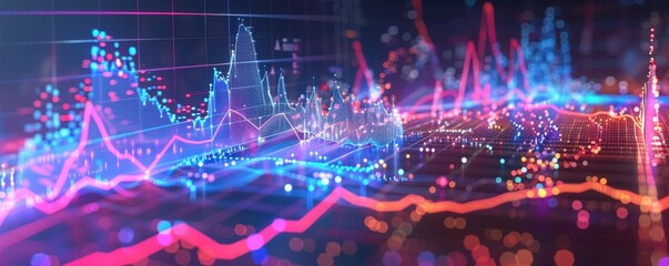 Poster - Dynamic digital graph depicting financial market trends with vibrant colors and glowing lines representing data analytics and technology.