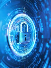 Poster - Digital security concept with padlock and blue lock mechanism, highlighting cyber protection in a futuristic technology background.