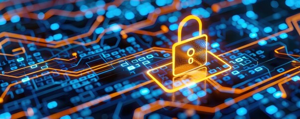 Aufkleber - Digital security concept with a glowing lock symbol on a circuit board, illustrating cybersecurity and data protection.