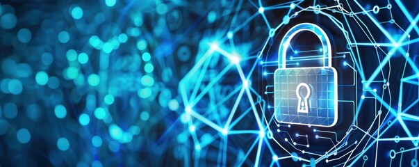 Leinwandbilder - Digital security concept with a glowing lock and complex network connections, representing cybersecurity and data protection.