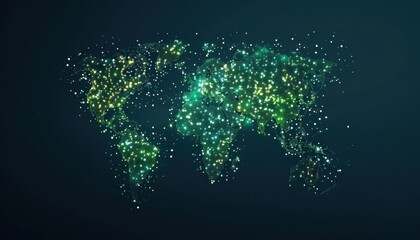 Fototapete - Digital representation of the world map made with glowing particles, depicting global connectivity and technology.