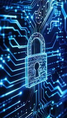 Leinwandbilder - Digital lock symbol on a blue circuit board background representing cybersecurity and data protection in technology.