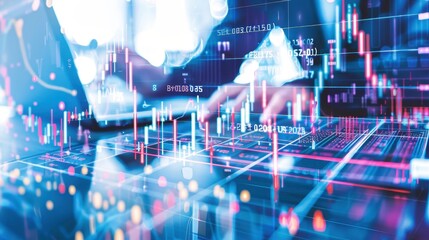 Poster - Digital background showing financial trading graph and stock market trends. Data analysis concept with charts and a blurred typing hand.