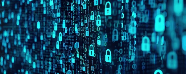 Poster - Cybersecurity concept with a digital background featuring multiple locks and data symbols for security representation.