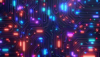 Aufkleber - Colorful abstract digital circuitry pattern featuring glowing lights, lines, and geometric shapes, representing modern technology and innovation.