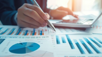 Poster - close-up of businessperson analyzing financial graphs and charts with a pen and laptop in a modern o
