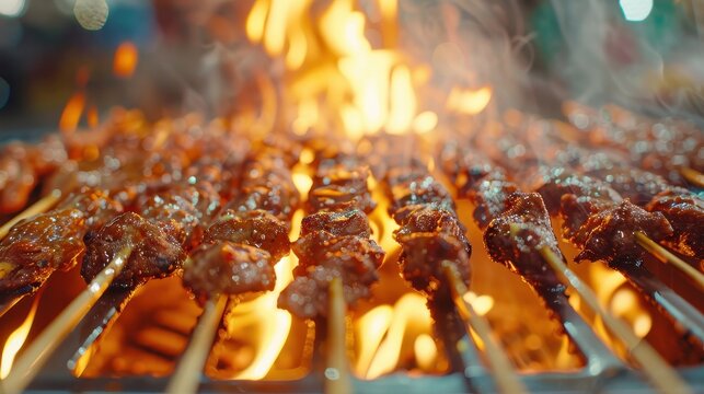 Close-up of delicious, juicy meat skewers grilling over an open flame, perfect for BBQ, cookout, and street food imagery.