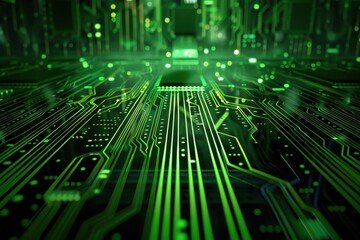 Fototapete - Close-up of a green circuit board with intricate patterns and glowing lights, illustrating advanced technology and modern electronics.
