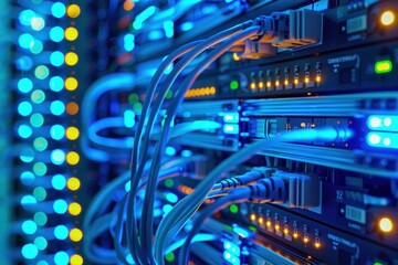 Fototapete - Close-up image of data center servers with vibrant blue lights, highlighting the complex network cables and advanced technology.