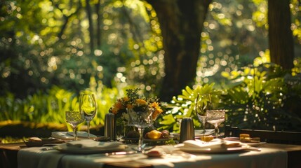 Canvas Print - Sunlight filters through the canopy of leaves above casting dappled shadows onto the forest floor where the brunch is set up.