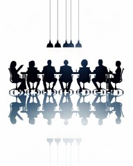 Poster - Business people silhouettes in a meeting setting. Collaborative brainstorming session with reflections and modern lighting.