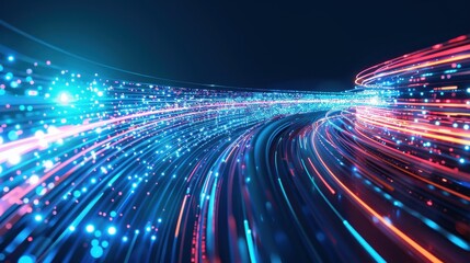 Fototapete - Abstract visualization of digital data flow with vibrant neon lights in a dynamic curve, symbolizing high-speed data transmission.