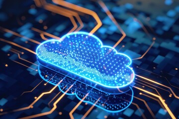 Aufkleber - Abstract visualization of cloud computing technology with glowing circuits illustrating digital infrastructure and data storage concept.
